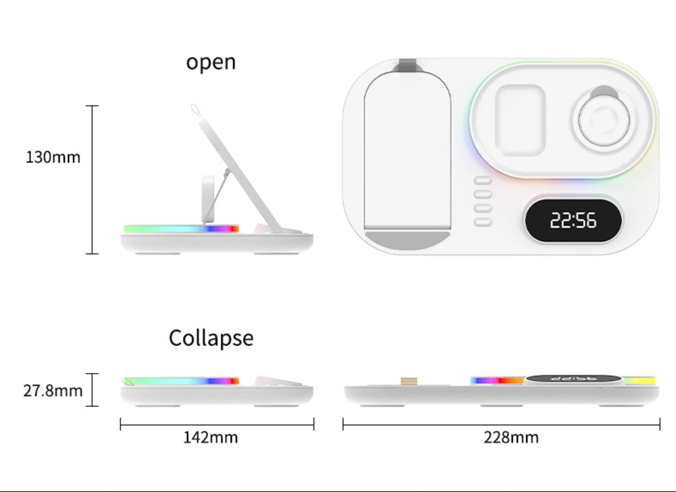 3in1 30W Wireless Charger with Clock, Fast Charging RGB Atmosphere Light - Black