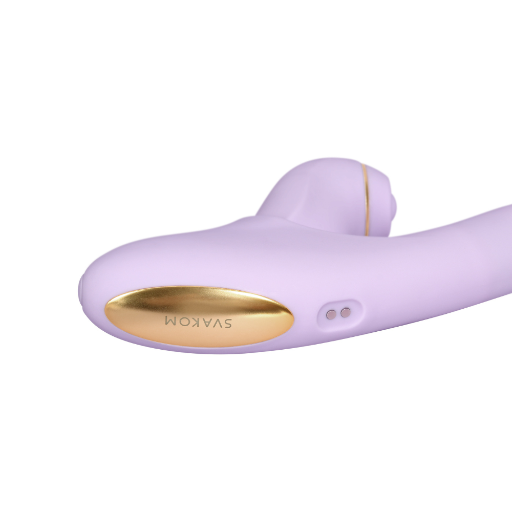 Svakom Duoglow pastel lilac rechargeable vibrator with dual motors and smooth silicone surface, designed for versatile pleasure.