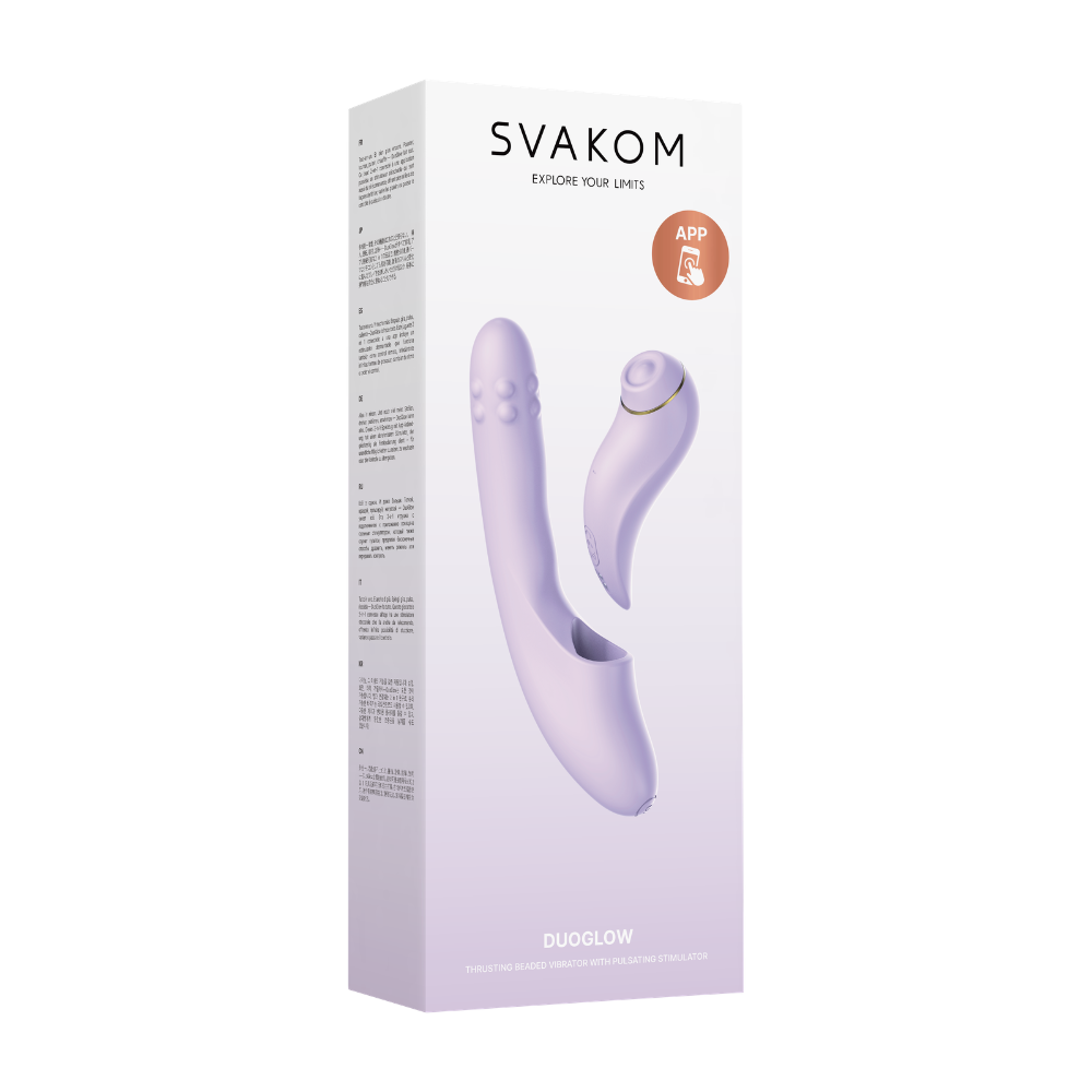 Svakom Duoglow Pastel Lilac dual-stimulation vibrator with sleek design, shown in pastel purple color.