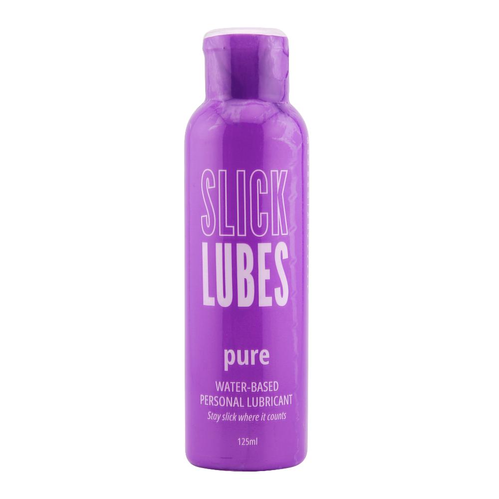 Luvland Slick Lubes Pure personal water-based lubricant bottle, 125ml, with clear label and cap on a neutral background.
